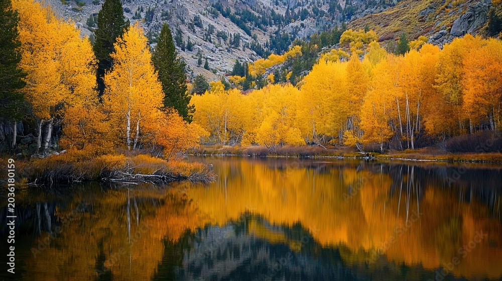 Obraz premium A serene lake surrounded by trees with brilliant autumn colors, reflected in the still water.