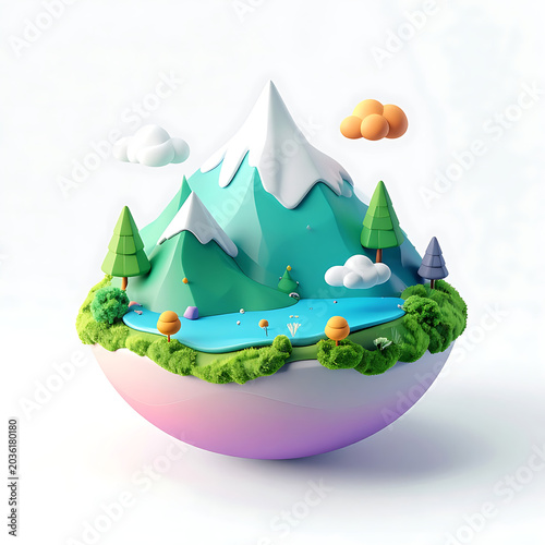Miniature 3d landscape with snow capped mountains, a tranquil lake, green trees, and fluffy clouds, digital illustration ideal for nature concepts or whimsical designs