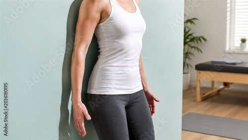 woman performing wall sit exercise for physical therapy rehabilitation in clinic. Patient doing muscle strengthening workout for back and posture correction. Recovery at medical center