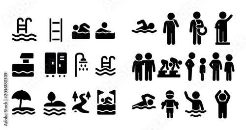 Pool and beach activity icons representing swimmers