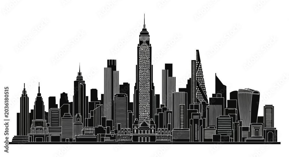 Obraz premium Modern city skyline silhouette, urban architecture vector illustration