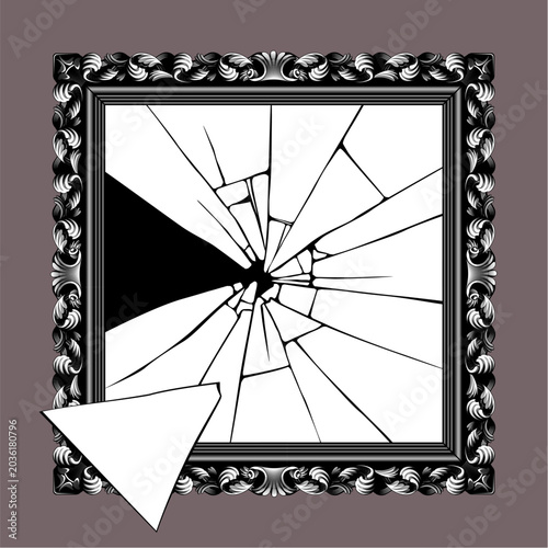 Broken glass or mirror with a radial texture of shards and crisp fracture lines in a vintage square decorative frame. Vector conceptual illustration in a vintage black and white line art and engravi