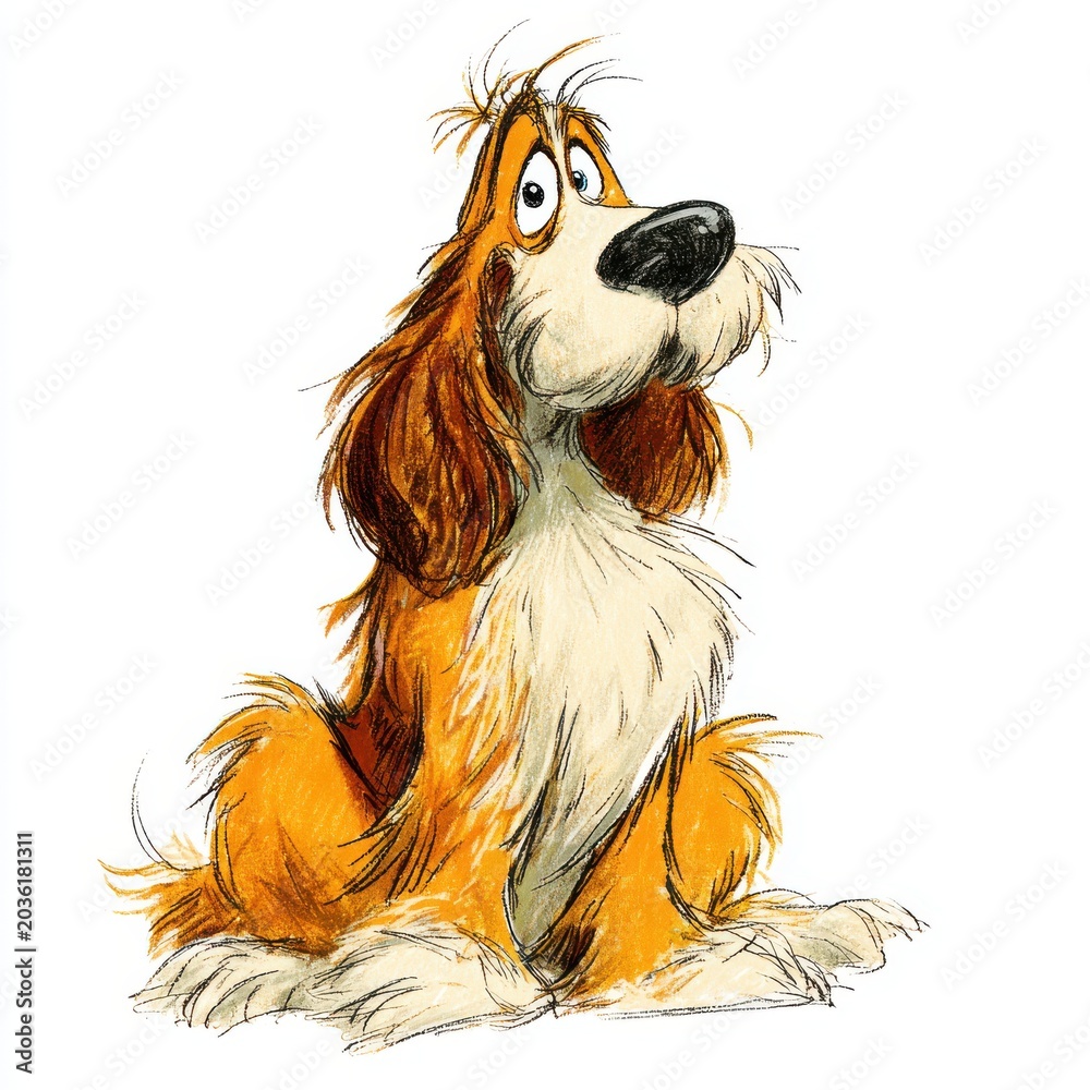 Naklejka premium Brown Long Haired Dog Sitting And Looking Up White Background Sketch Style