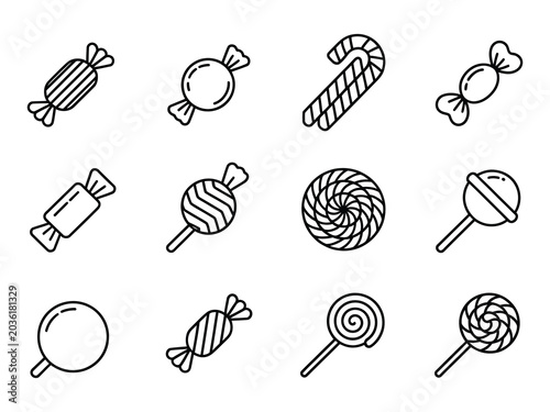 Photography Candy vector icon set in thin line style, sweet dessert outline icons, confectio