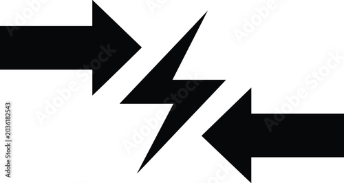 Photos Conflict concept with two opposing arrows and lightning bolt symbol representing competition or collision