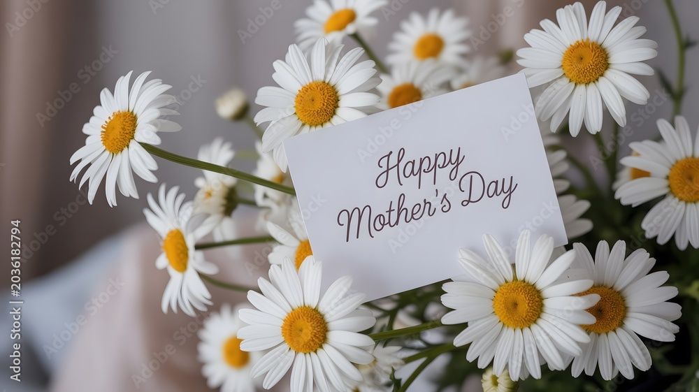Obraz premium Close-up of a bouquet of white daisies with a 'Happy Mother's Day' card, soft natural light