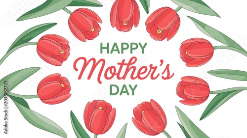 Happy Mother's Day greeting with red tulips and green leaves on white background