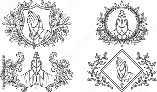 Canvastavla Religious Prayer Hand Illustration Collection Featuring Rosary Beads, Floral Fra