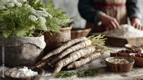 rustic kitchen setup with fresh horseradish and spices, traditional cooking atmosphere