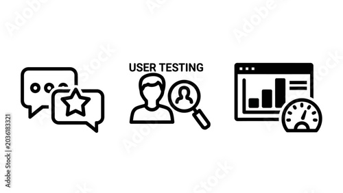 Set of UI UX research and performance evaluation line icons featuring feedback user testing dashboard analytics research feedback usability analytics dashboard performance interface internet