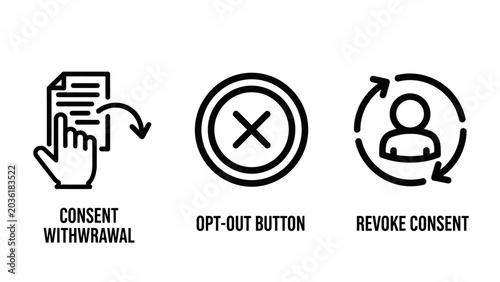 Data privacy and consent management line icons set for digital compliance with withdrawal revocation compliance protection security regulation personal agreement business settings internet