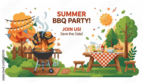 Summer BBQ grill party with food and outdoor picnic celebration vector illustration