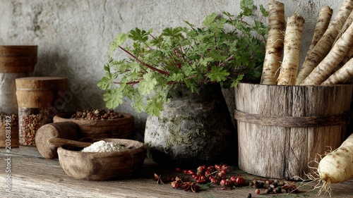 rustic kitchen setup with fresh horseradish and spices, traditional cooking atmosphere
