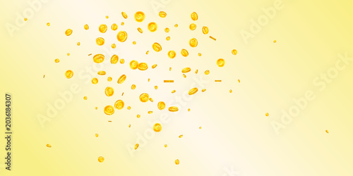 British pound coins falling. Scattered gold GBP coins. United Kingdom money. Global financial crisis concept. Wide vector illustration.