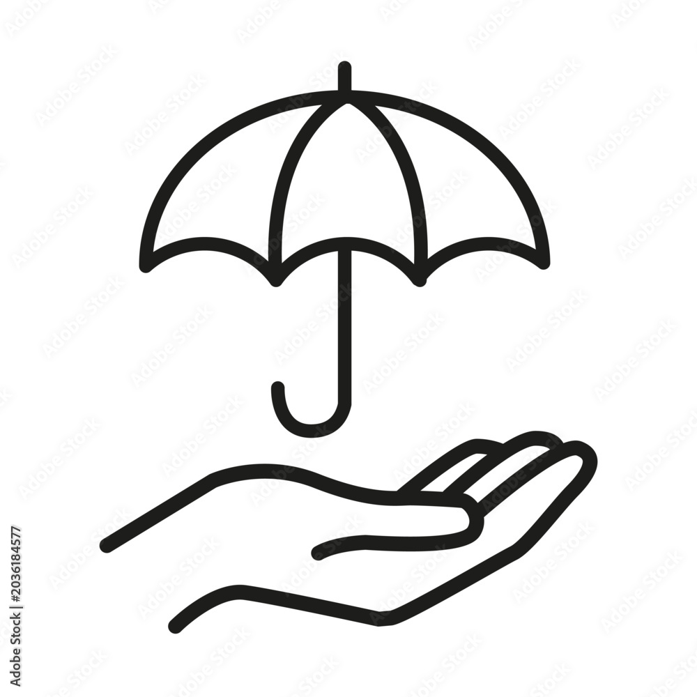 Obraz premium Hand holding open umbrella black vector icon features safe shield. Security insurance concept enhances rain protection.