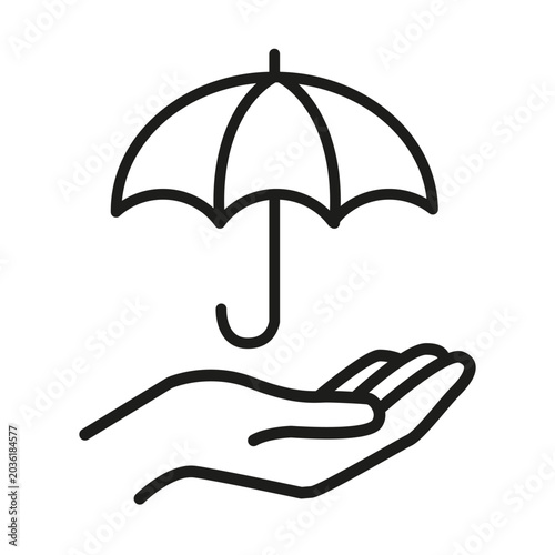 Hand holding open umbrella black vector icon features safe shield. Security insurance concept enhances rain protection.