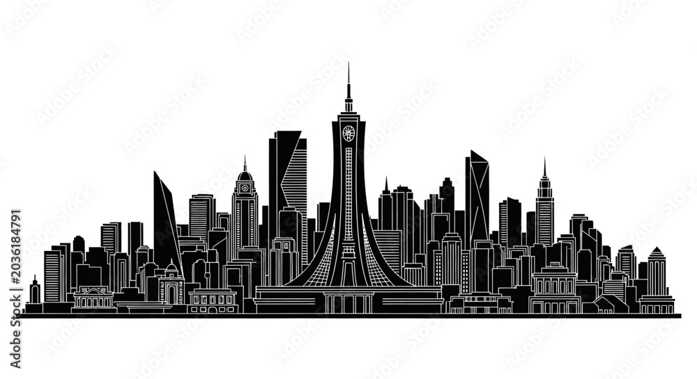 Fototapeta premium Riyadh City Skyline Silhouette, Minimalist Saudi Arabia Urban Panorama