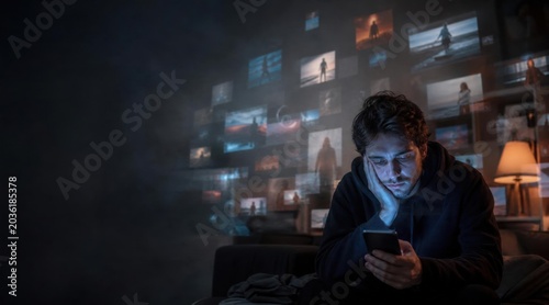 Man with smartphone experiencing digital fatigue amidst glowing screens showing abstract content