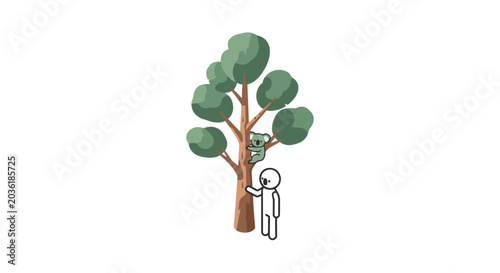 Illustrated person hugging large green tree affectionately.