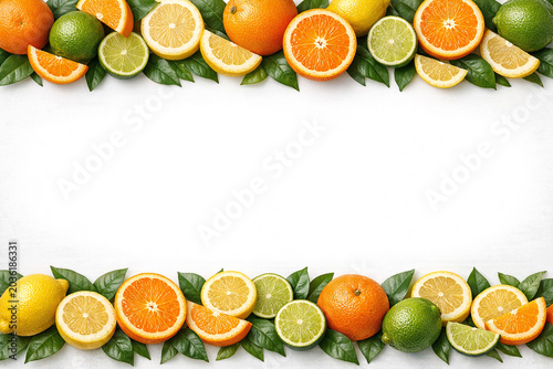A fresh and vibrant border composed of citrus fruits like oranges and lemons with leaves.