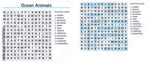 Foto Children's word search puzzle on the theme  Oceanic animals  with highlighted