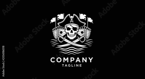 Photos Pirate skull with ship, water waves, and bold text logo design