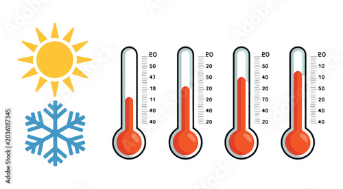 Photos Weather climate icons with sun snowflake and four thermometers showing rising temperature levels set vector