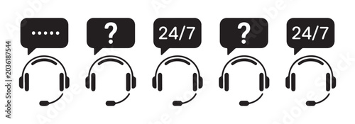Call center icon set with speech bubble, question mark and 24/7 sign, customer support headset symbol.
