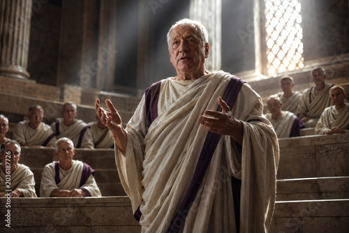 Dramatic Portrait of a Senior Roman Senator Delivering a Speech in the Ancient Senate