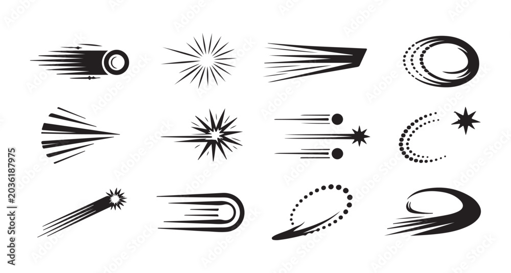 Fototapeta premium Dynamic comic motion speed lines and starburst effects set for action manga illustration and energy burst.