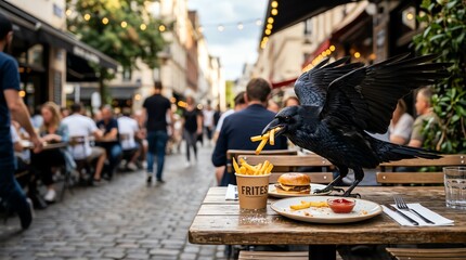 Black raven stealing french fries from a wooden table at an outdoor city street cafe in a lively urban setting
