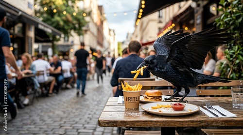 Black raven stealing french fries from a wooden table at an outdoor city street cafe in a lively urban setting
