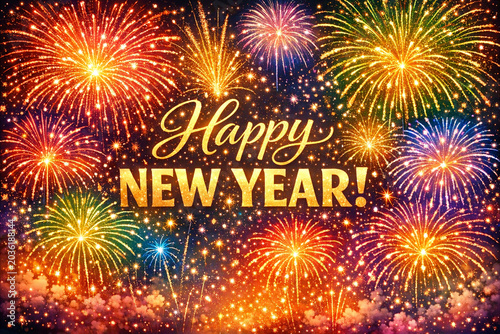 A vibrant image featuring a beautiful array of fireworks celebrating the new year. Perfect for greeting cards or festive decorations.