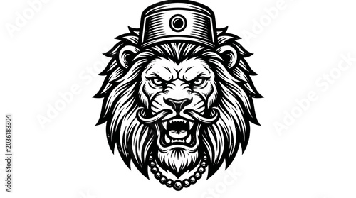Bild auf Leinwand Striking black and white roaring lion with detailed mane and accessories