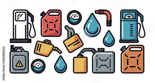 Fotografie Colorful icons of gas station equipment including fuel pumps canisters oil drops and pressure gauges in as