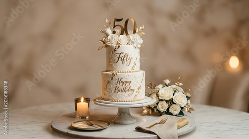 Elegant two-tier fiftieth birthday cake with gold topper and floral decorations in a warm setting