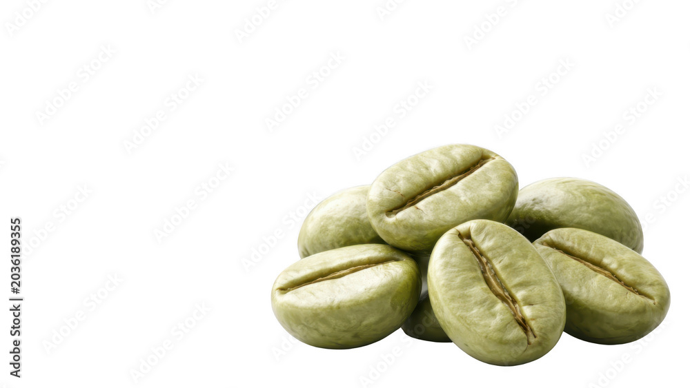Obraz premium Close-up of raw green coffee beans heap for weight loss supplements production and agricultural import commodity