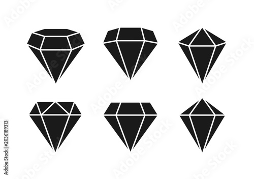 Diamond shape collection. Three dimensional crystal and emerald gem icon set. Gemstone and jewel sign. Black silhouette luxury logo symbol. Vector illustration image.

