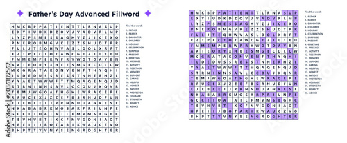 Word Search Puzzle Sheet for Father’s Day Advanced Fillword with Answer Key