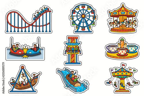 Colorful amusement park ride stickers: roller coaster, ferris wheel, carousel, and more.