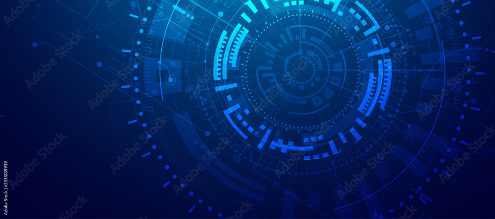 Fototapeta premium Futuristic digital technology background with blue glowing circular interface and complex data elements.