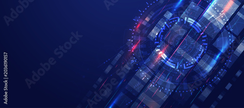 Dynamic abstract technology background with glowing blue and red lines converging towards a futuristic central element.