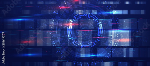 Abstract technology concept background with glowing central digital interface and interconnected circuit grid elements.