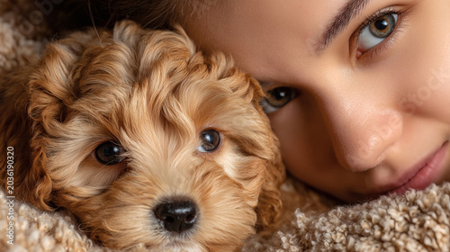 Close-up Portrait of Woman Kissing Adorable Puppy on Soft Blanket at Home