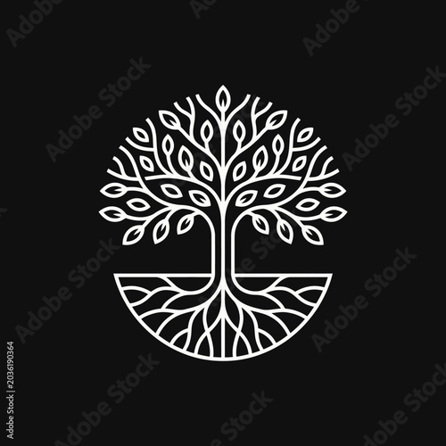 White stylized tree with intricate branches and roots on black background