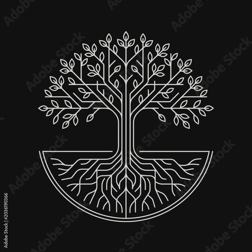 Artistic white line drawing of a geometric tree with roots on black background