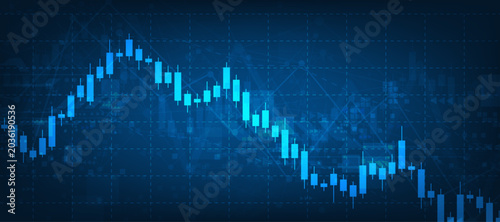 Fotografie Financial stock market chart with blue candlesticks showing downward trend on dark grid background