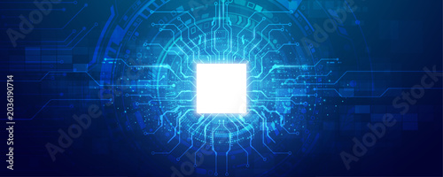 Tableau sur toile Luminous microprocessor glowing at center of circular digital interface