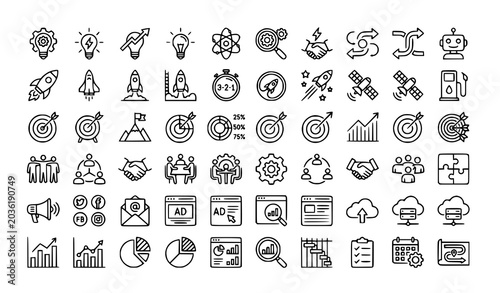 Minimal startup and entrepreneurship outline icon collection vector design