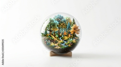 Glowing miniature Christmas tree inside glass sphere ornament